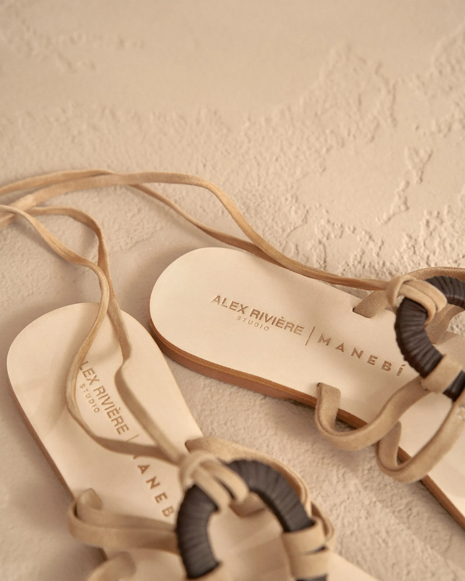 Mer Leather And Wood Effect|Lace-Up Ring Sandals - M06Y0 - Alex Rivière Studio x Manebí Champagne Beige