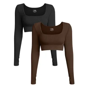 OQQ Women'S 2 Piece Crop Top Ribbed Seamless Workout Exercise Long Sleeve Crop Tops