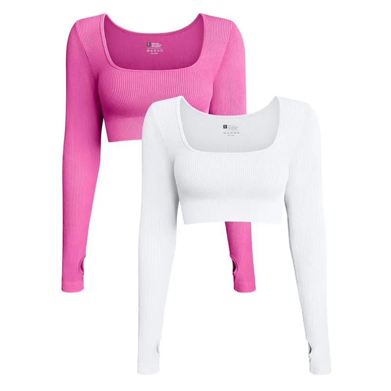 OQQ Women'S 2 Piece Crop Top Ribbed Seamless Workout Exercise Long Sleeve Crop Tops