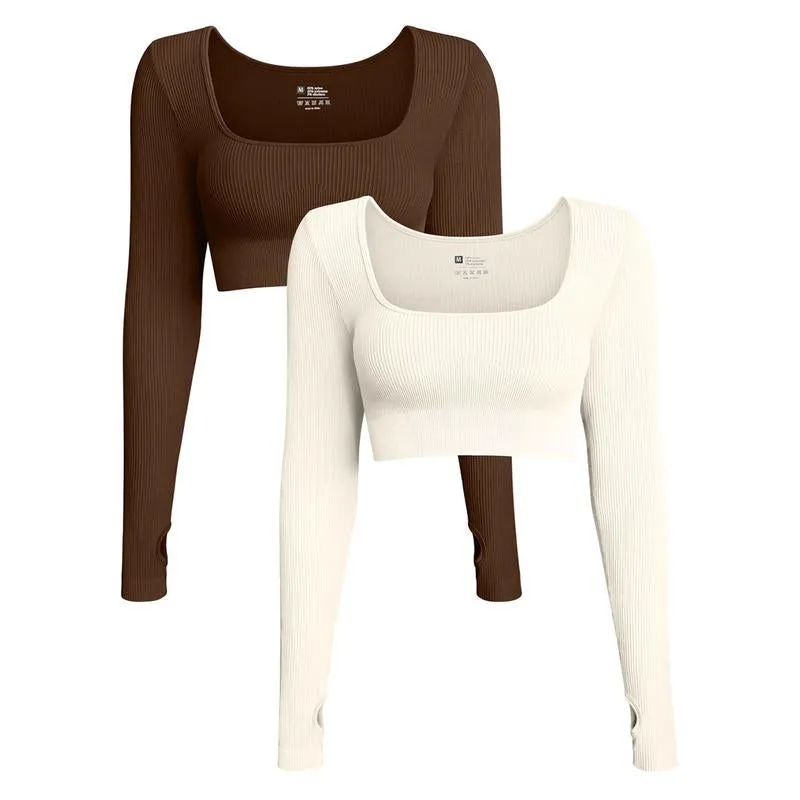 OQQ Women'S 2 Piece Crop Top Ribbed Seamless Workout Exercise Long Sleeve Crop Tops