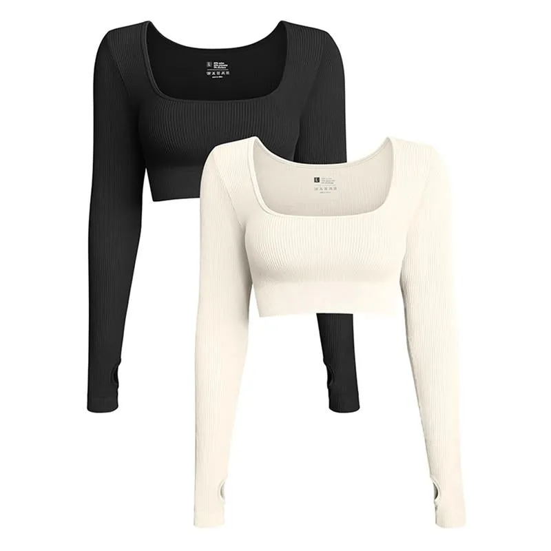 OQQ Women'S 2 Piece Crop Top Ribbed Seamless Workout Exercise Long Sleeve Crop Tops