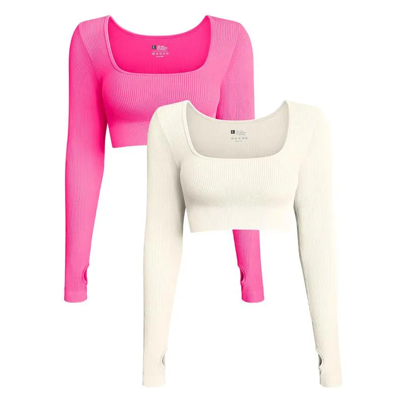 OQQ Women'S 2 Piece Crop Top Ribbed Seamless Workout Exercise Long Sleeve Crop Tops