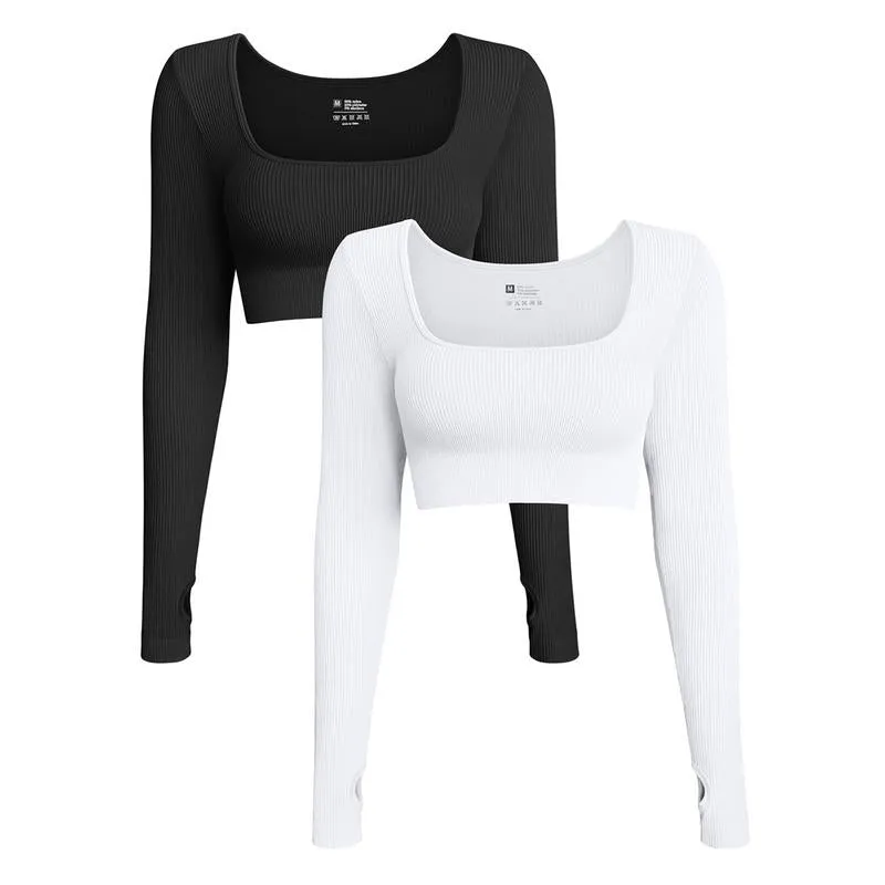 OQQ Women'S 2 Piece Crop Top Ribbed Seamless Workout Exercise Long Sleeve Crop Tops