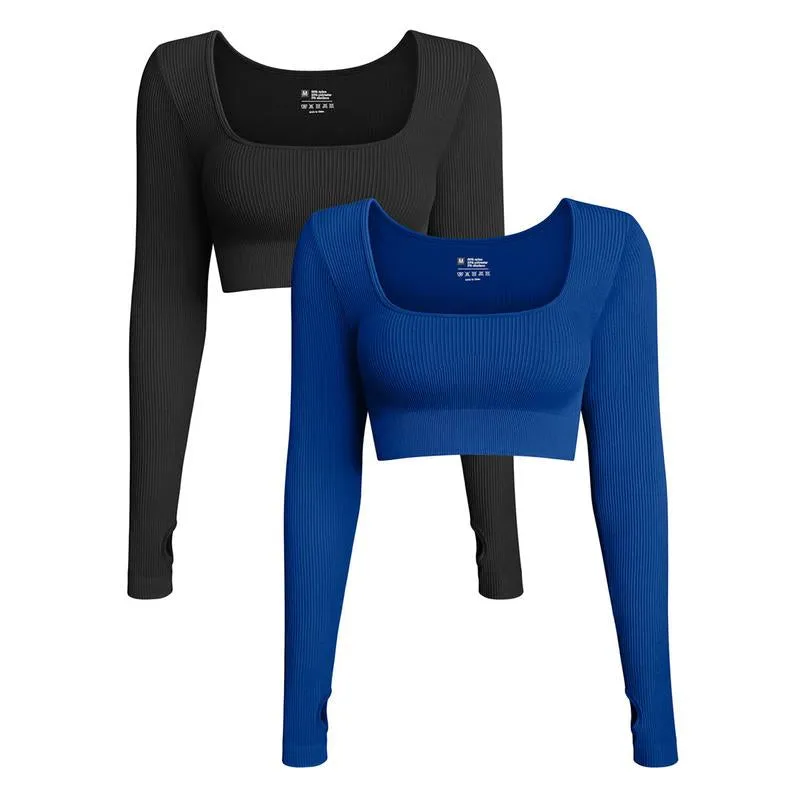 OQQ Women'S 2 Piece Crop Top Ribbed Seamless Workout Exercise Long Sleeve Crop Tops