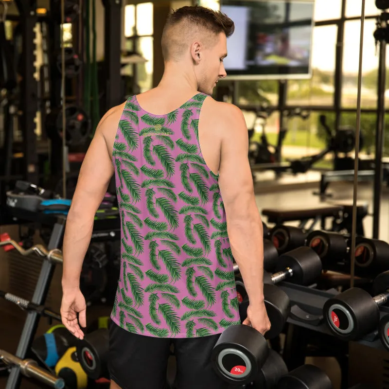 Pink Green Tropical Leaf Tanks, Hawaiian Style Print Premium Gay Friendly Unisex Tank Top- Made in USA