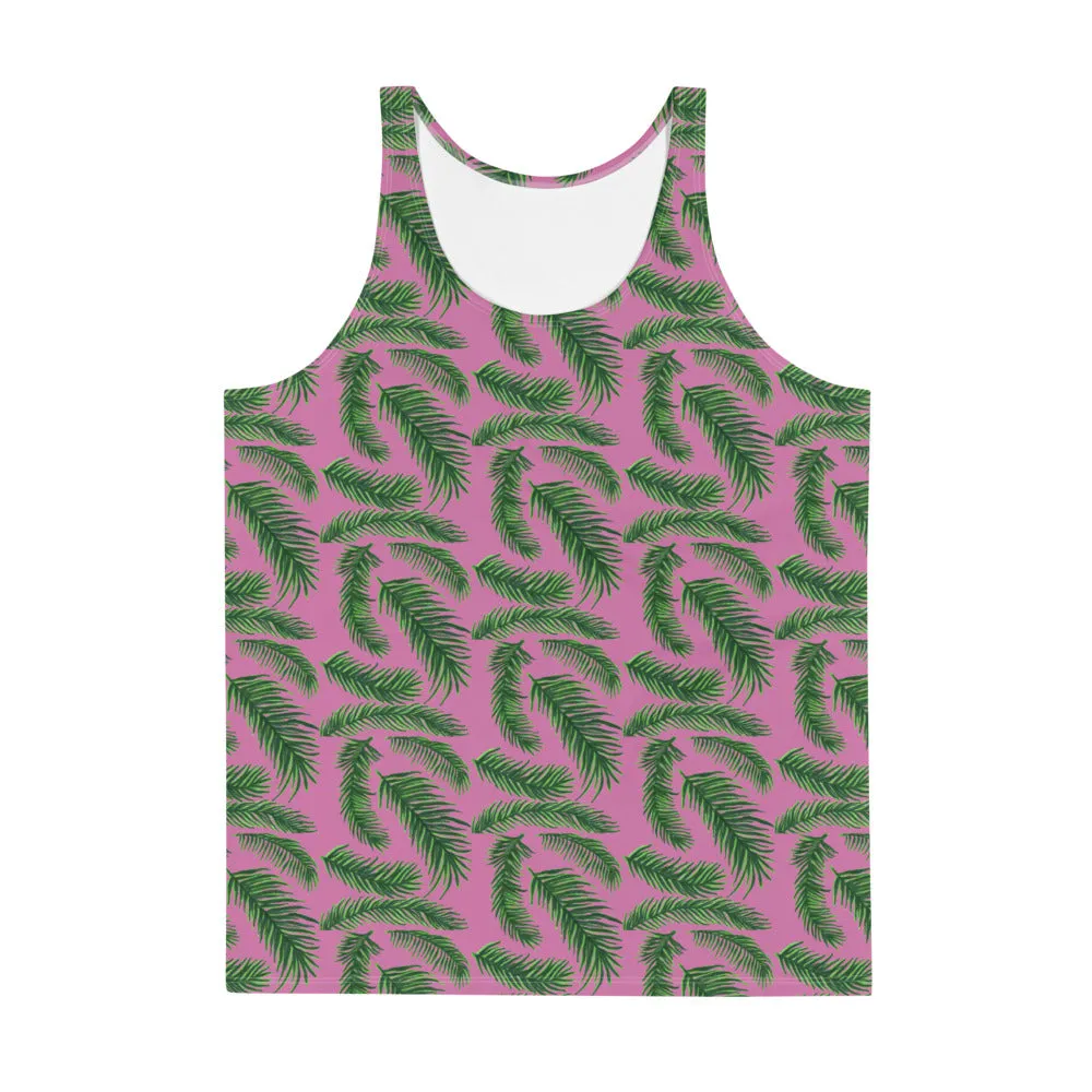 Pink Green Tropical Leaf Tanks, Hawaiian Style Print Premium Gay Friendly Unisex Tank Top- Made in USA