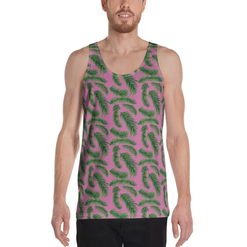 Pink Green Tropical Leaf Tanks, Hawaiian Style Print Premium Gay Friendly Unisex Tank Top- Made in USA