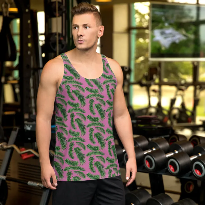 Pink Green Tropical Leaf Tanks, Hawaiian Style Print Premium Gay Friendly Unisex Tank Top- Made in USA