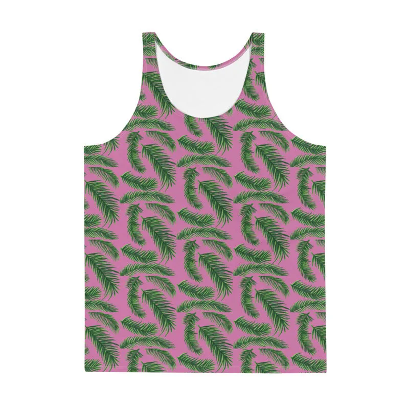 Pink Green Tropical Leaf Tanks, Hawaiian Style Print Premium Gay Friendly Unisex Tank Top- Made in USA