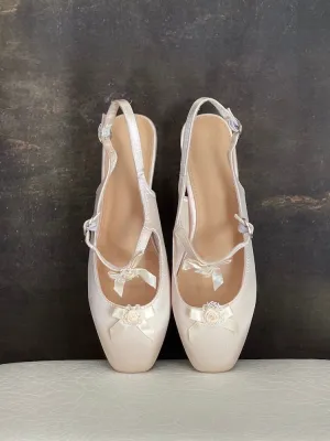 Regency & Rococo Inspired Satin Slipper Heels with Rosette Appliques in Champagne