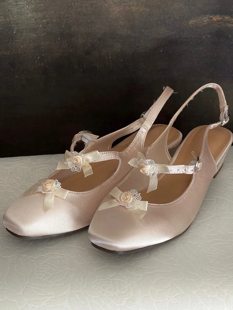 Regency & Rococo Inspired Satin Slipper Heels with Rosette Appliques in Champagne