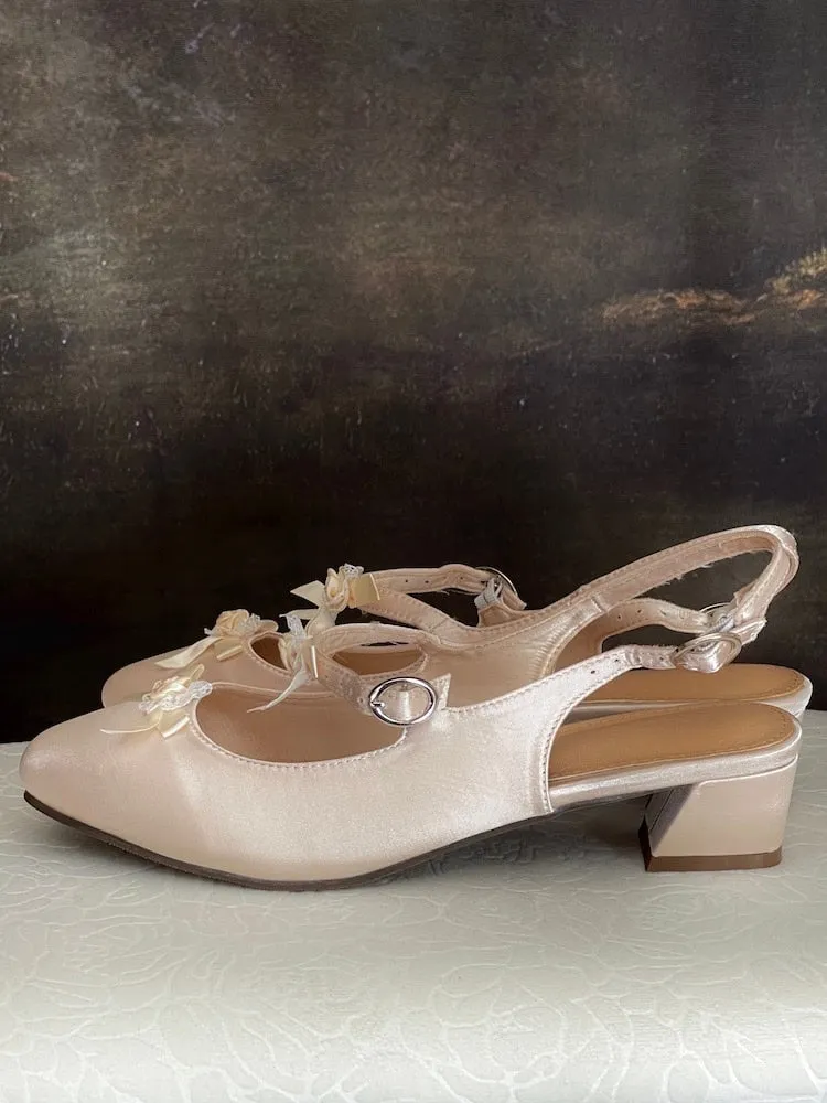 Regency & Rococo Inspired Satin Slipper Heels with Rosette Appliques in Champagne