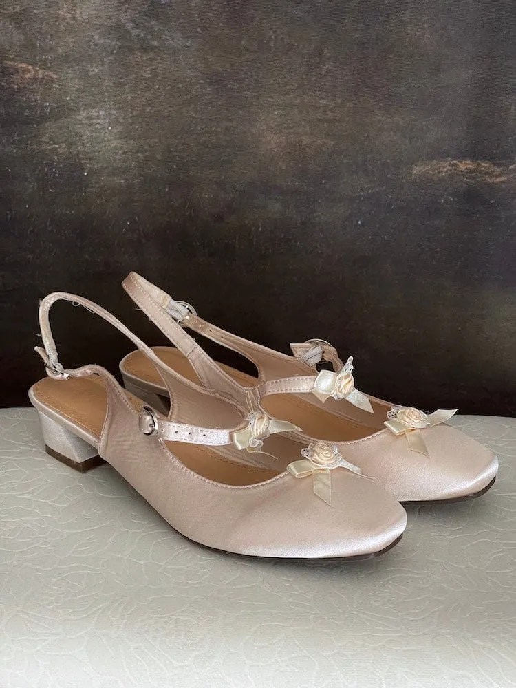 Regency & Rococo Inspired Satin Slipper Heels with Rosette Appliques in Champagne