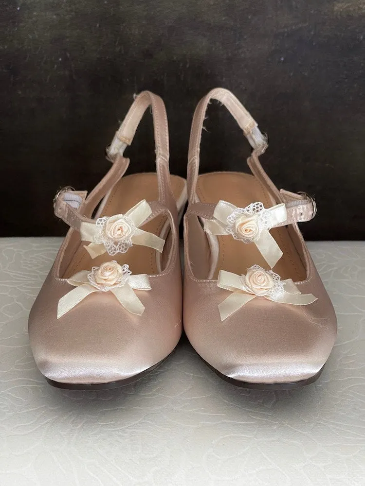 Regency & Rococo Inspired Satin Slipper Heels with Rosette Appliques in Champagne