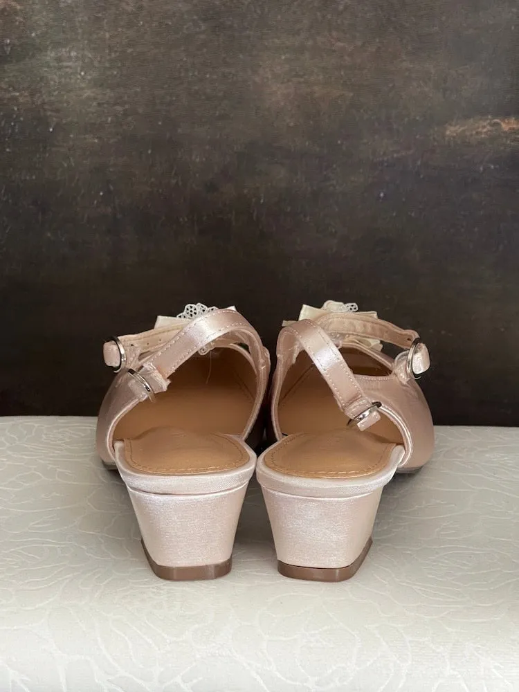 Regency & Rococo Inspired Satin Slipper Heels with Rosette Appliques in Champagne