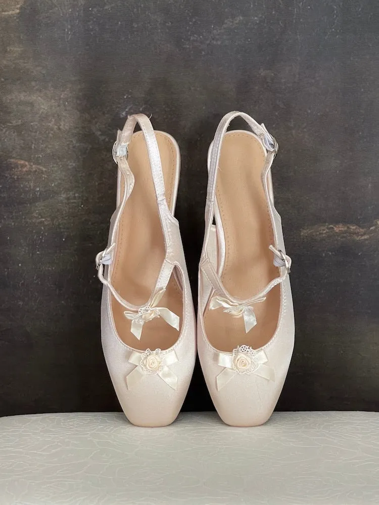 Regency & Rococo Inspired Satin Slipper Heels with Rosette Appliques in Champagne