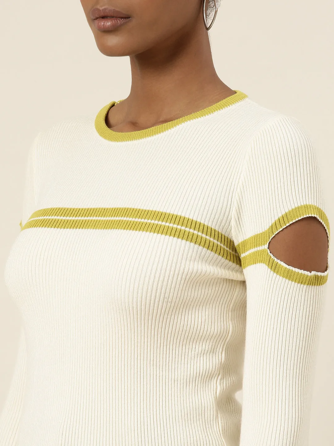 Round Neck Self Design Cold-Shoulder Sleeves Regular Cream Top