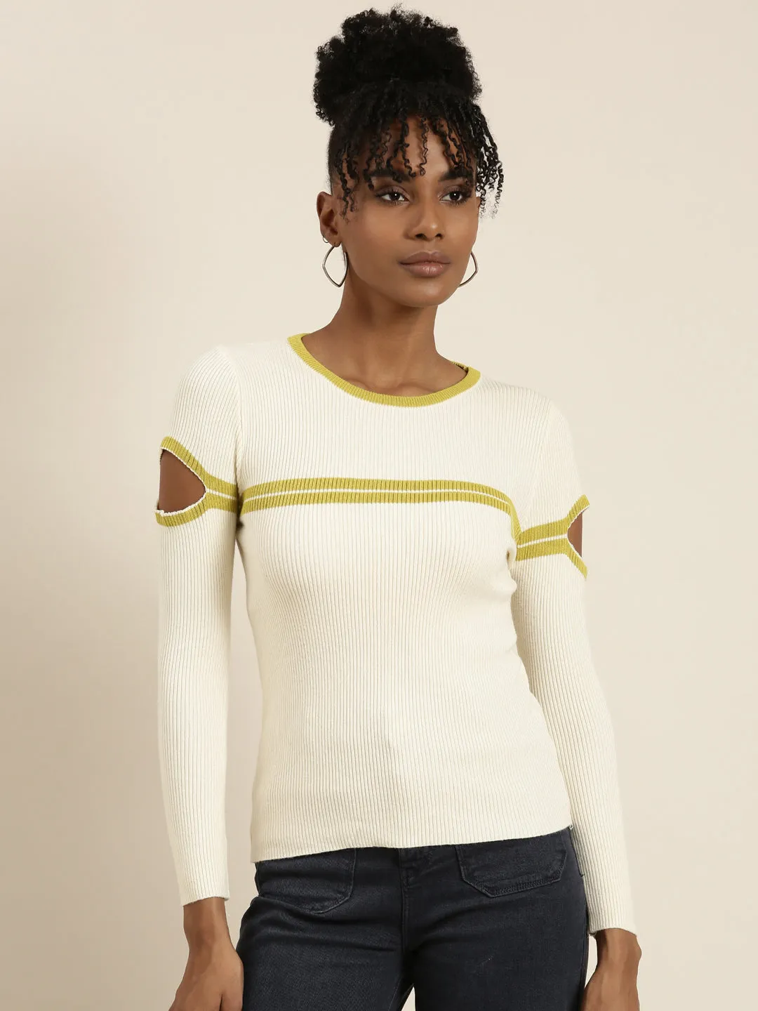 Round Neck Self Design Cold-Shoulder Sleeves Regular Cream Top