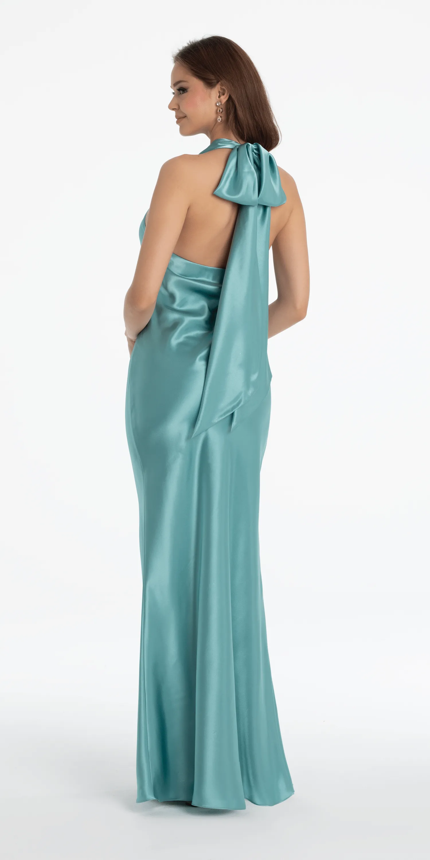 Satin Tie Back Halter Column Dress