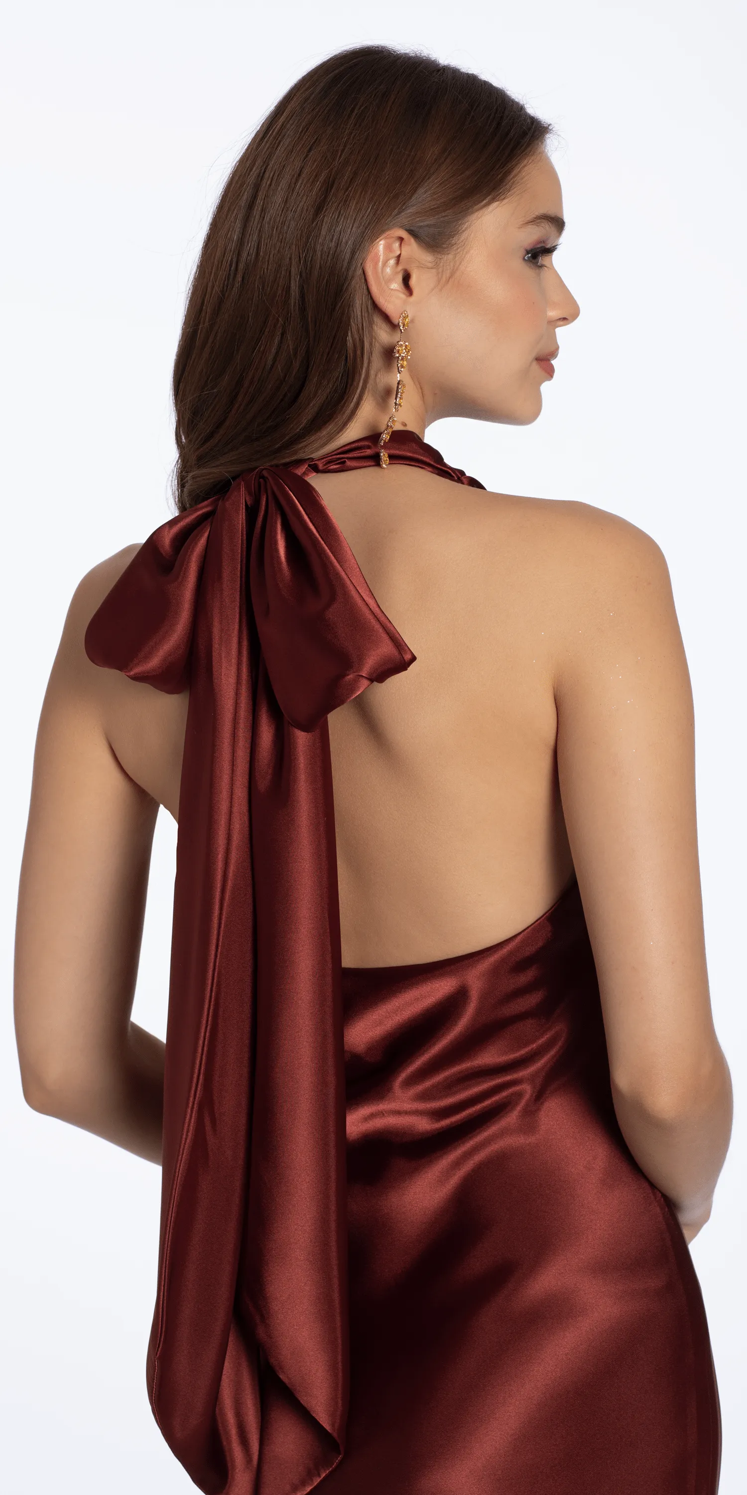 Satin Tie Back Halter Column Dress