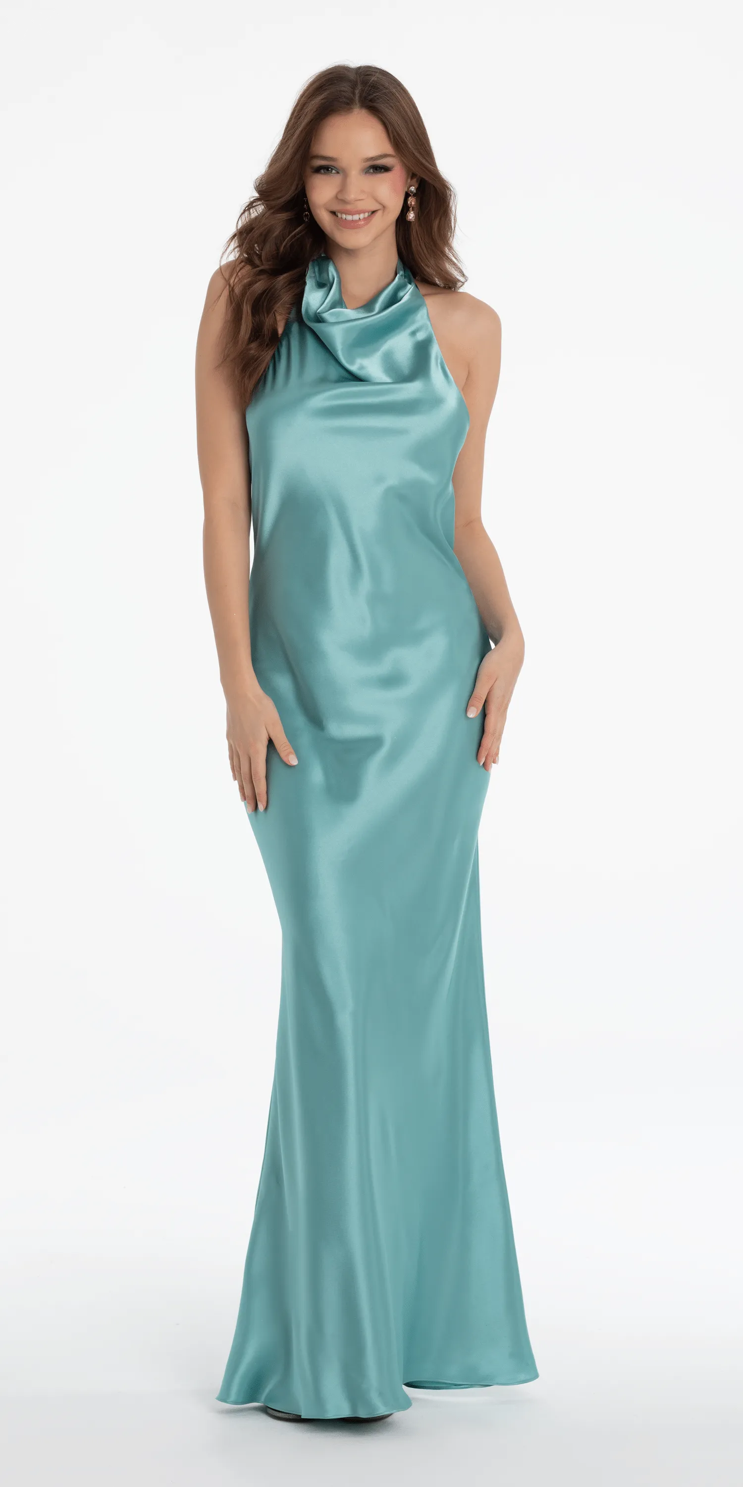 Satin Tie Back Halter Column Dress