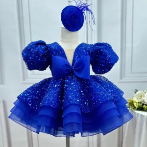 Sequin puff sleeves fluffy tail birthday party girl princess dress