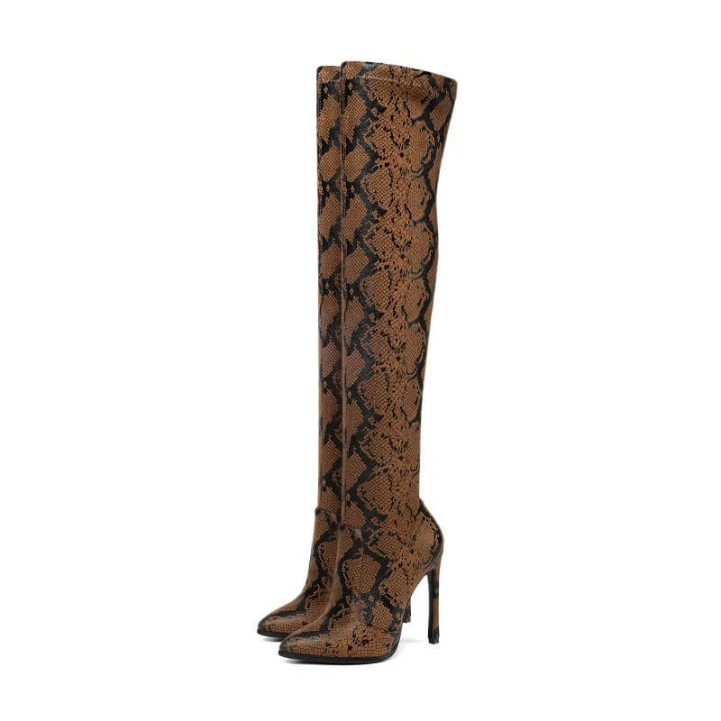 Snakeskin Point Toe High Heel Stretch Over Knee Boots