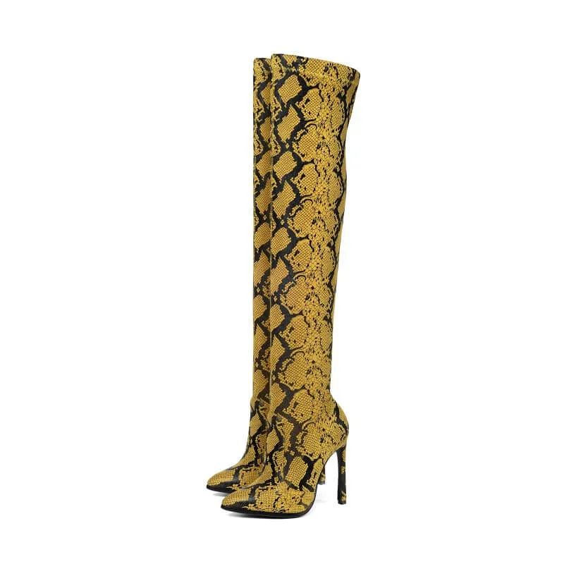 Snakeskin Point Toe High Heel Stretch Over Knee Boots