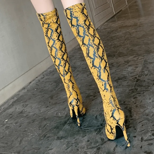 Snakeskin Point Toe High Heel Stretch Over Knee Boots