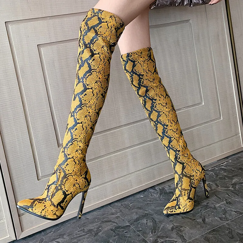 Snakeskin Point Toe High Heel Stretch Over Knee Boots