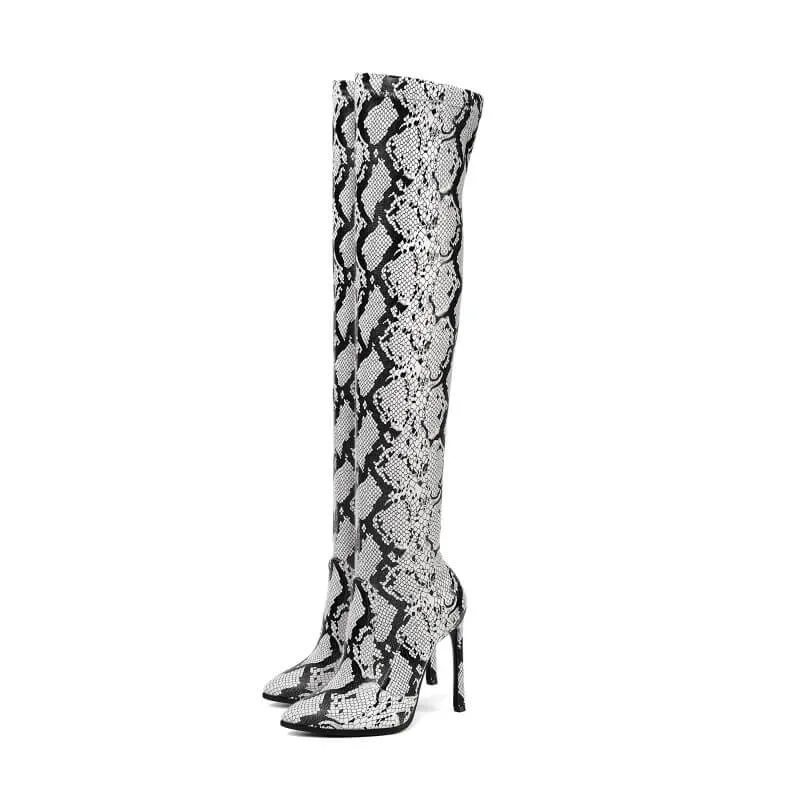Snakeskin Point Toe High Heel Stretch Over Knee Boots