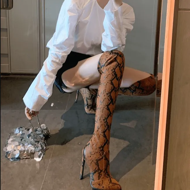 Snakeskin Point Toe High Heel Stretch Over Knee Boots