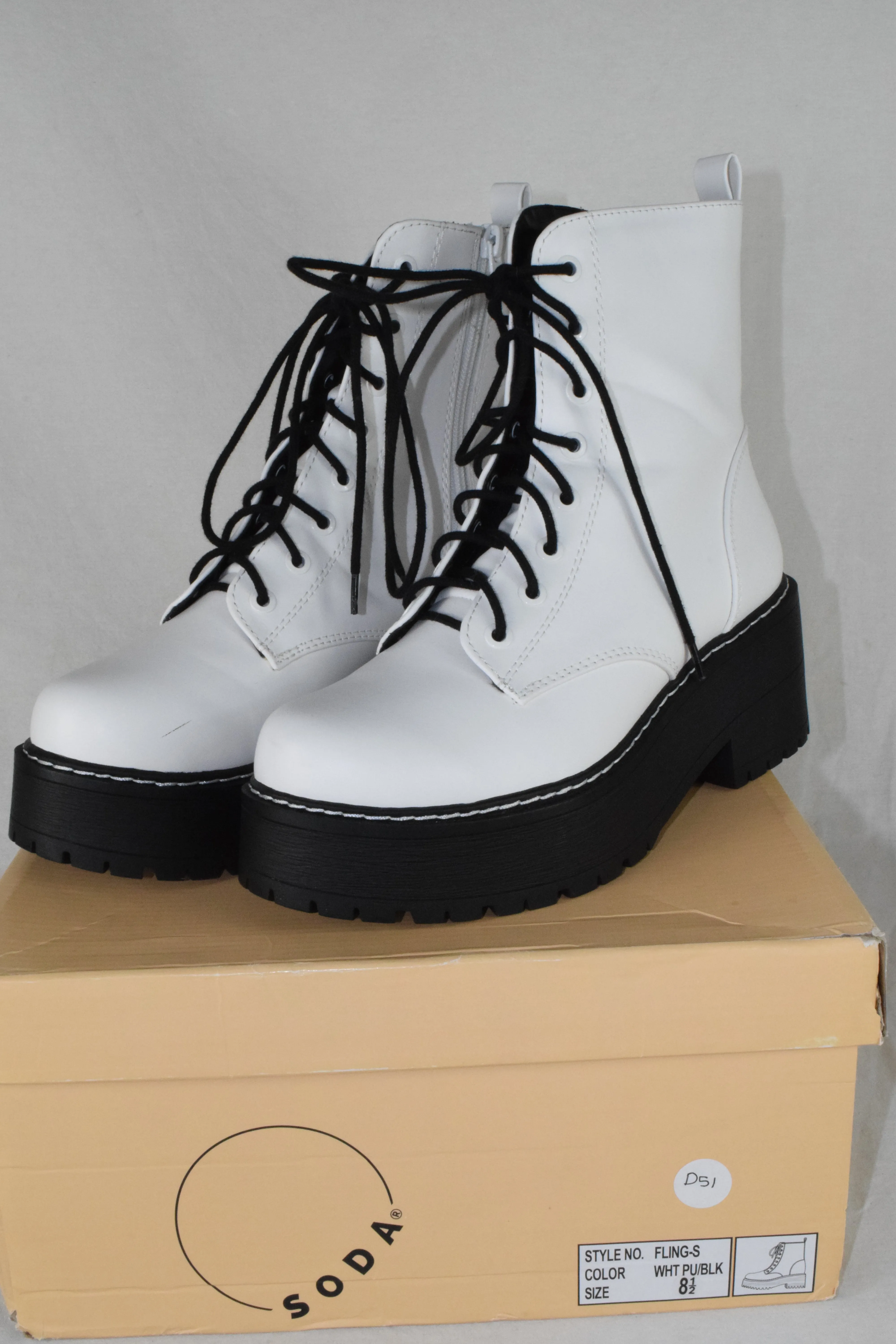Soda Women Combat Platform Block Lug Sole Boots Zipper Lace Up FLING White 8.5