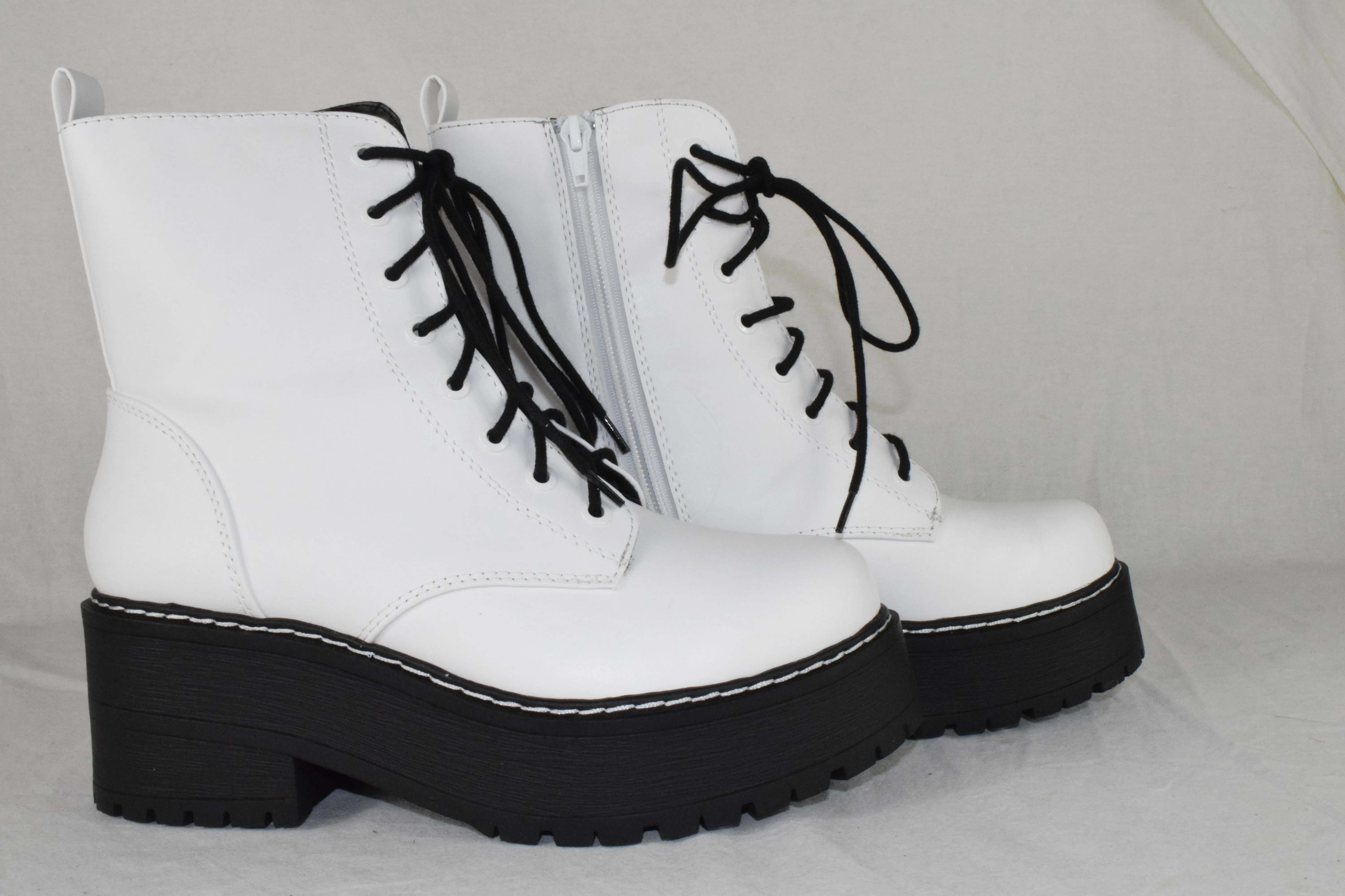 Soda Women Combat Platform Block Lug Sole Boots Zipper Lace Up FLING White 8.5
