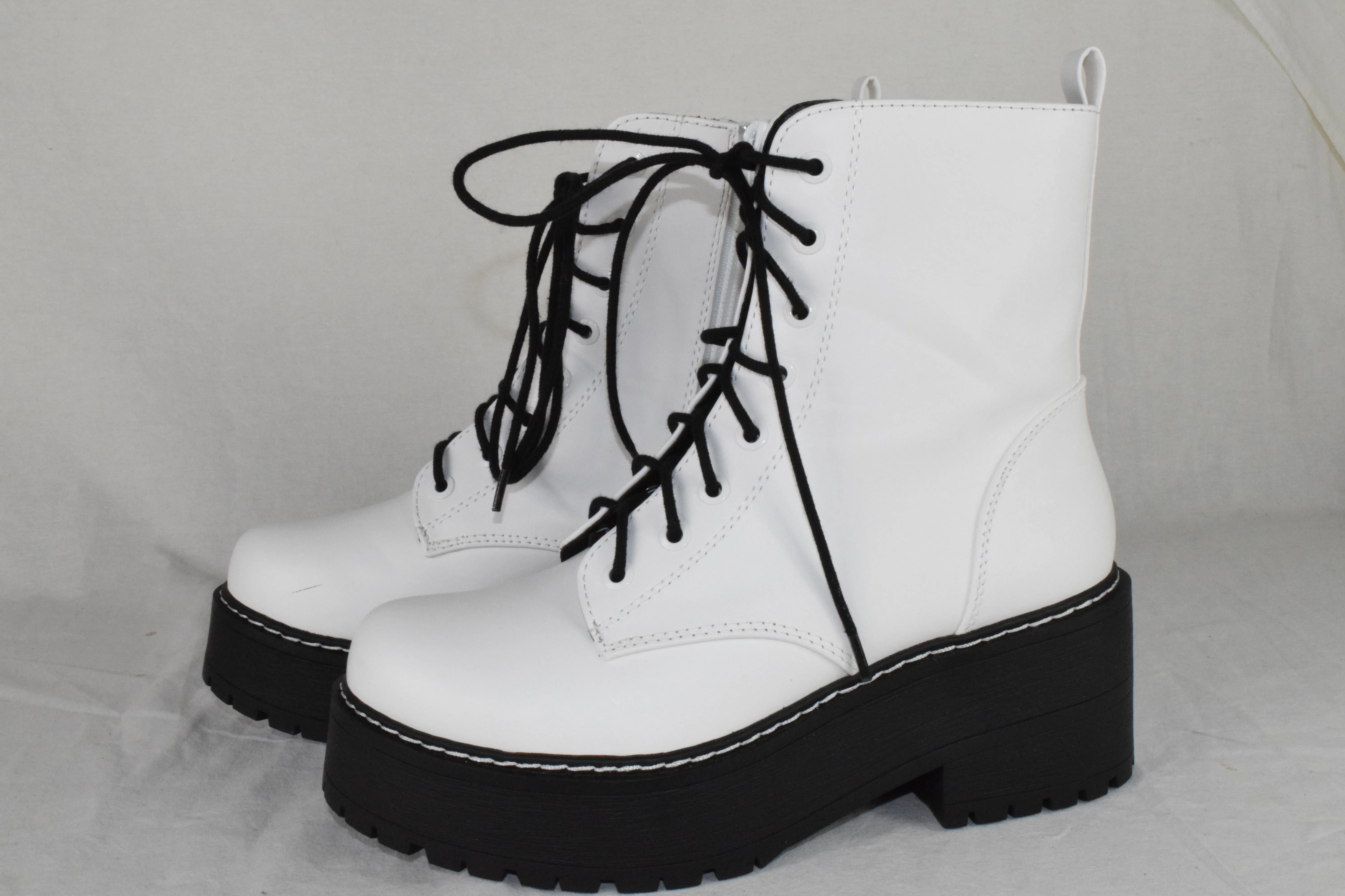Soda Women Combat Platform Block Lug Sole Boots Zipper Lace Up FLING White 8.5