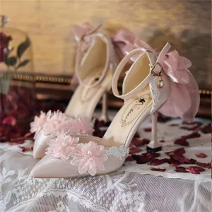 Sohiwoo French Elegant Palaca Tea Party Style Girls Shoes Lolita Wedding Ribbon Bowknot Lace Ruffle Flower Pearls Noble 8cm High Heeled