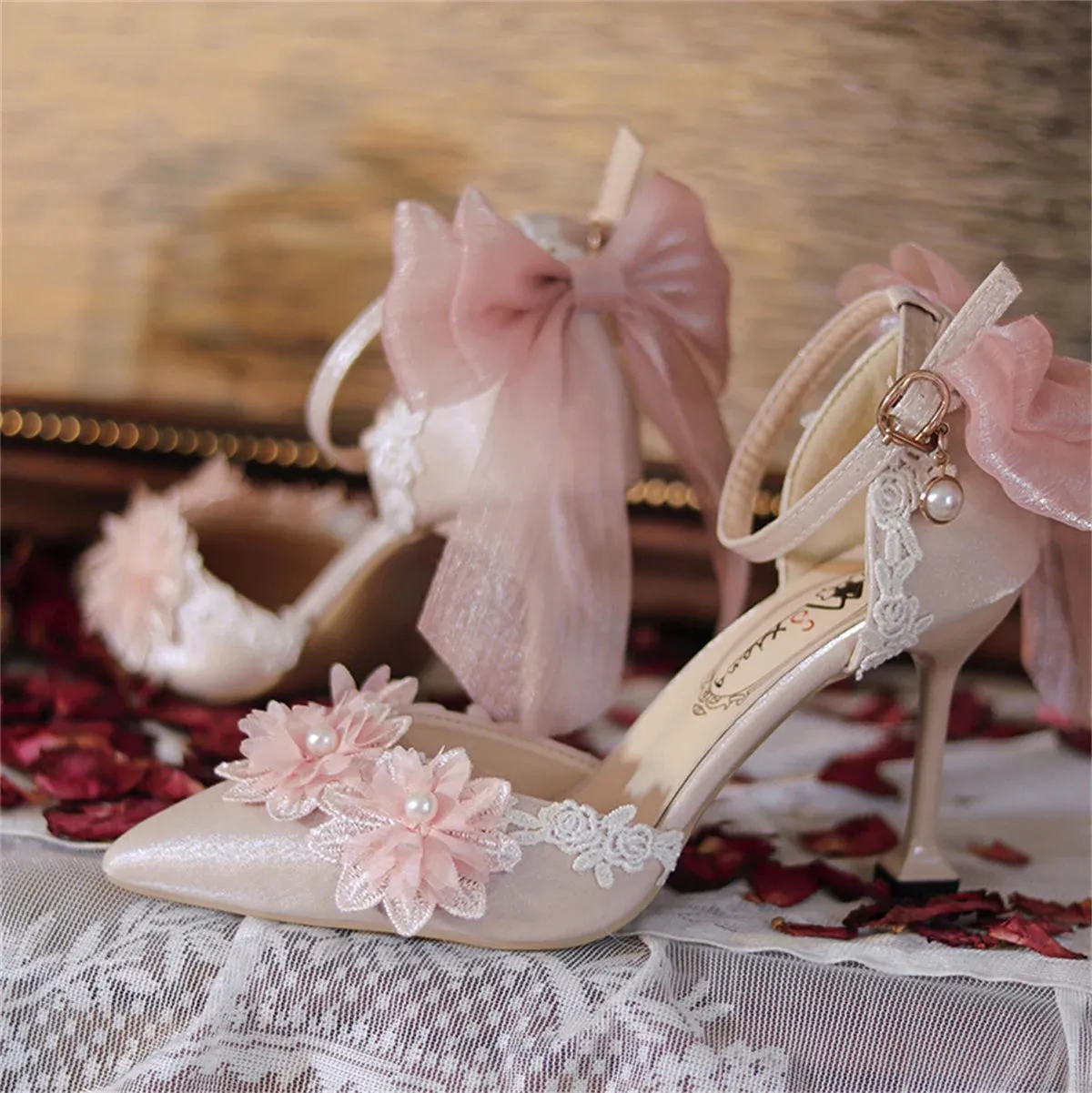 Sohiwoo French Elegant Palaca Tea Party Style Girls Shoes Lolita Wedding Ribbon Bowknot Lace Ruffle Flower Pearls Noble 8cm High Heeled