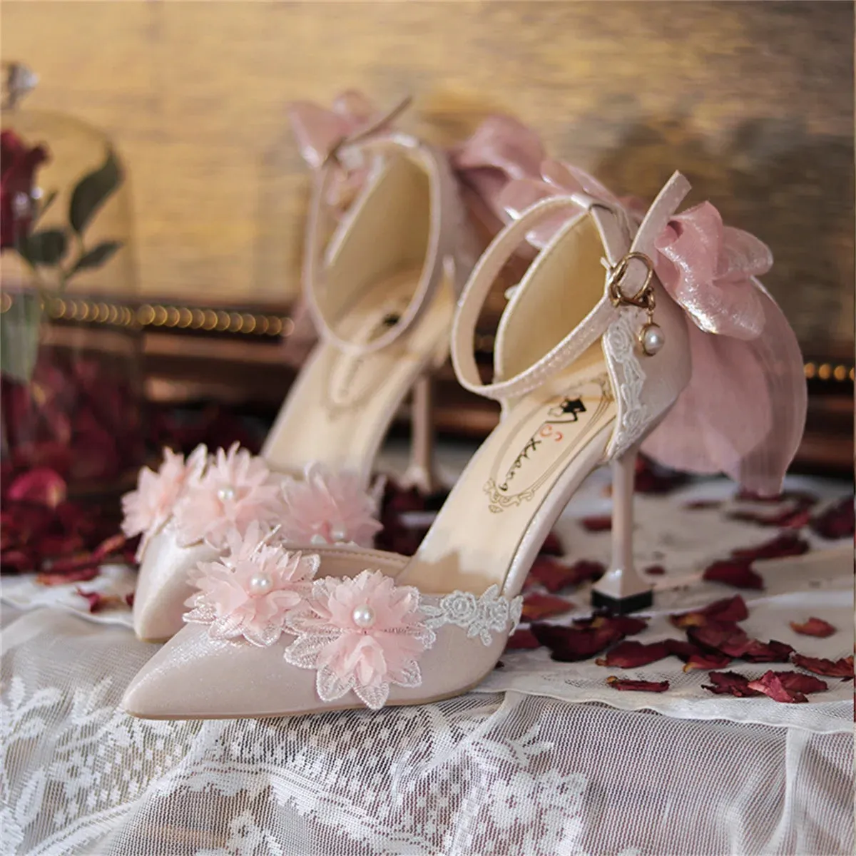 Sohiwoo French Elegant Palaca Tea Party Style Girls Shoes Lolita Wedding Ribbon Bowknot Lace Ruffle Flower Pearls Noble 8cm High Heeled