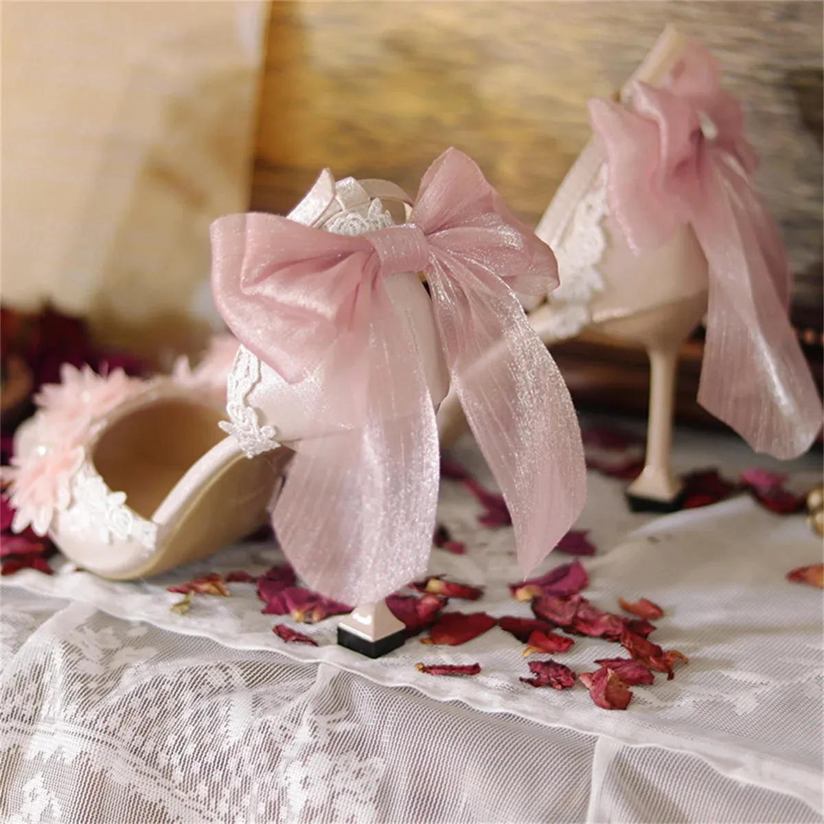 Sohiwoo French Elegant Palaca Tea Party Style Girls Shoes Lolita Wedding Ribbon Bowknot Lace Ruffle Flower Pearls Noble 8cm High Heeled