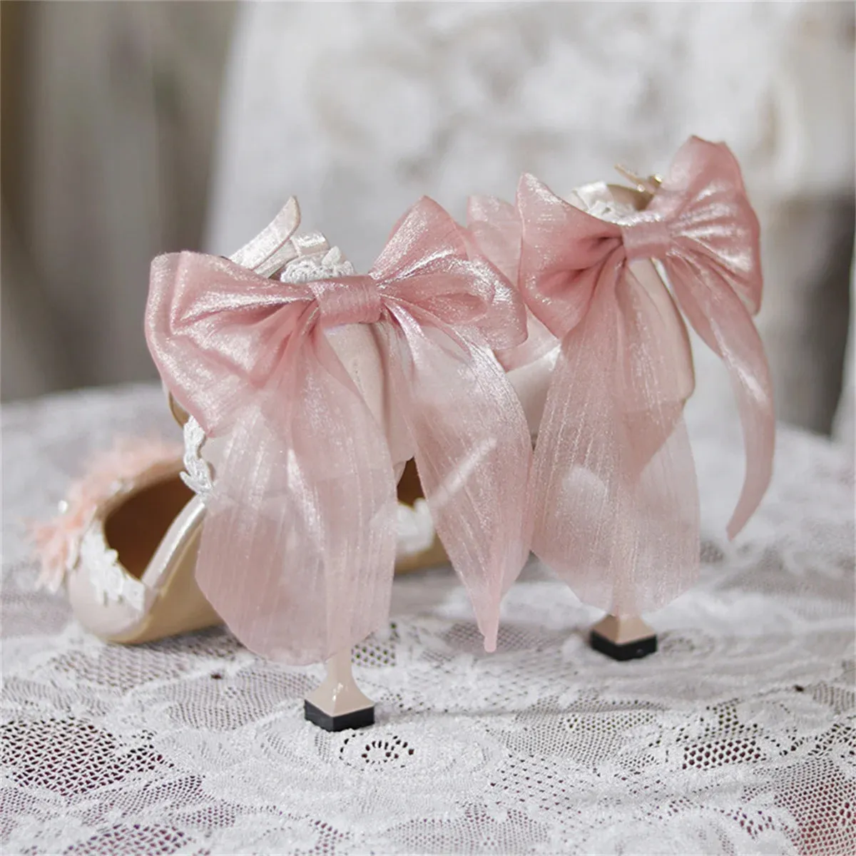 Sohiwoo French Elegant Palaca Tea Party Style Girls Shoes Lolita Wedding Ribbon Bowknot Lace Ruffle Flower Pearls Noble 8cm High Heeled