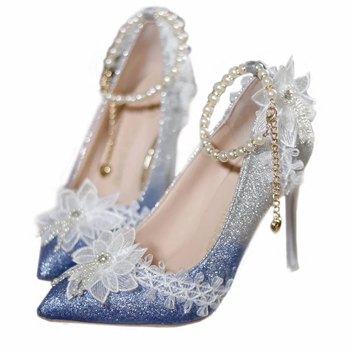 Sohiwoo French Fantastic Sweet Style Lolita Girls Shoes Elegant Noble Lace Pearls Tassels Flower Gentle Pointed Sandals 9cm High Heeled