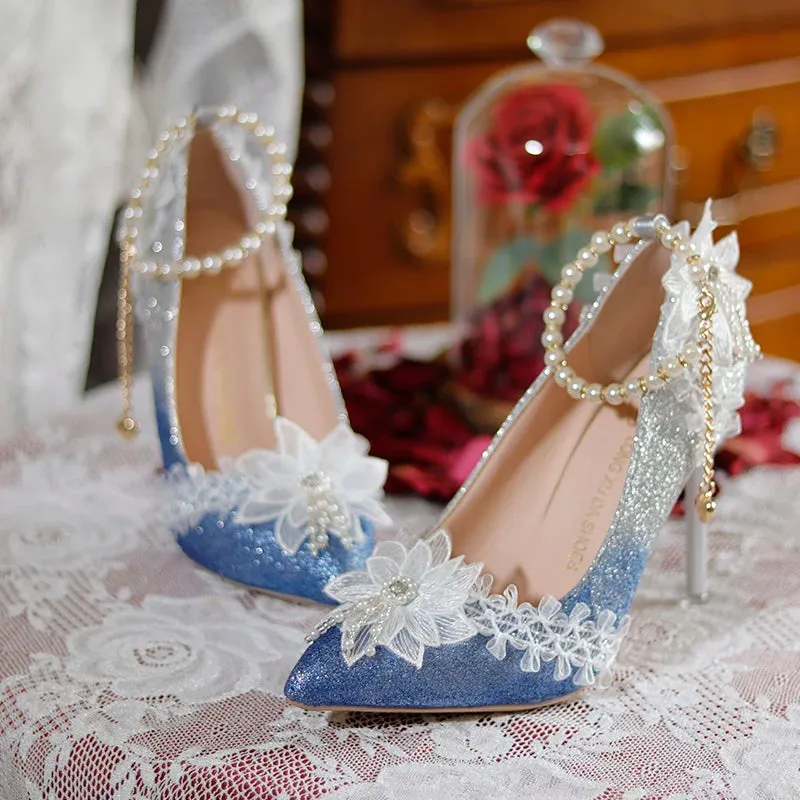 Sohiwoo French Fantastic Sweet Style Lolita Girls Shoes Elegant Noble Lace Pearls Tassels Flower Gentle Pointed Sandals 9cm High Heeled