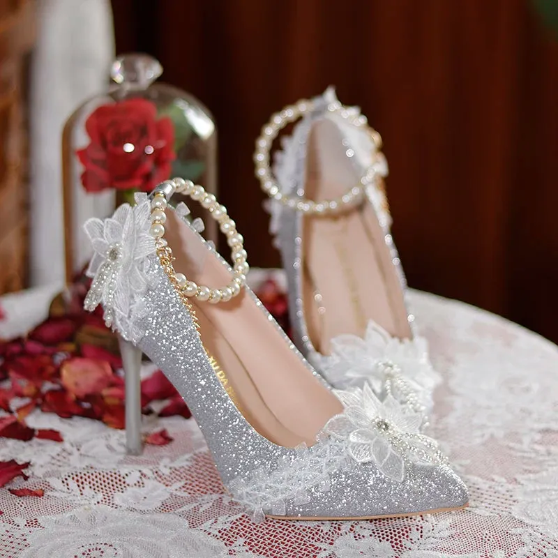 Sohiwoo French Fantastic Sweet Style Lolita Girls Shoes Elegant Noble Lace Pearls Tassels Flower Gentle Pointed Sandals 9cm High Heeled