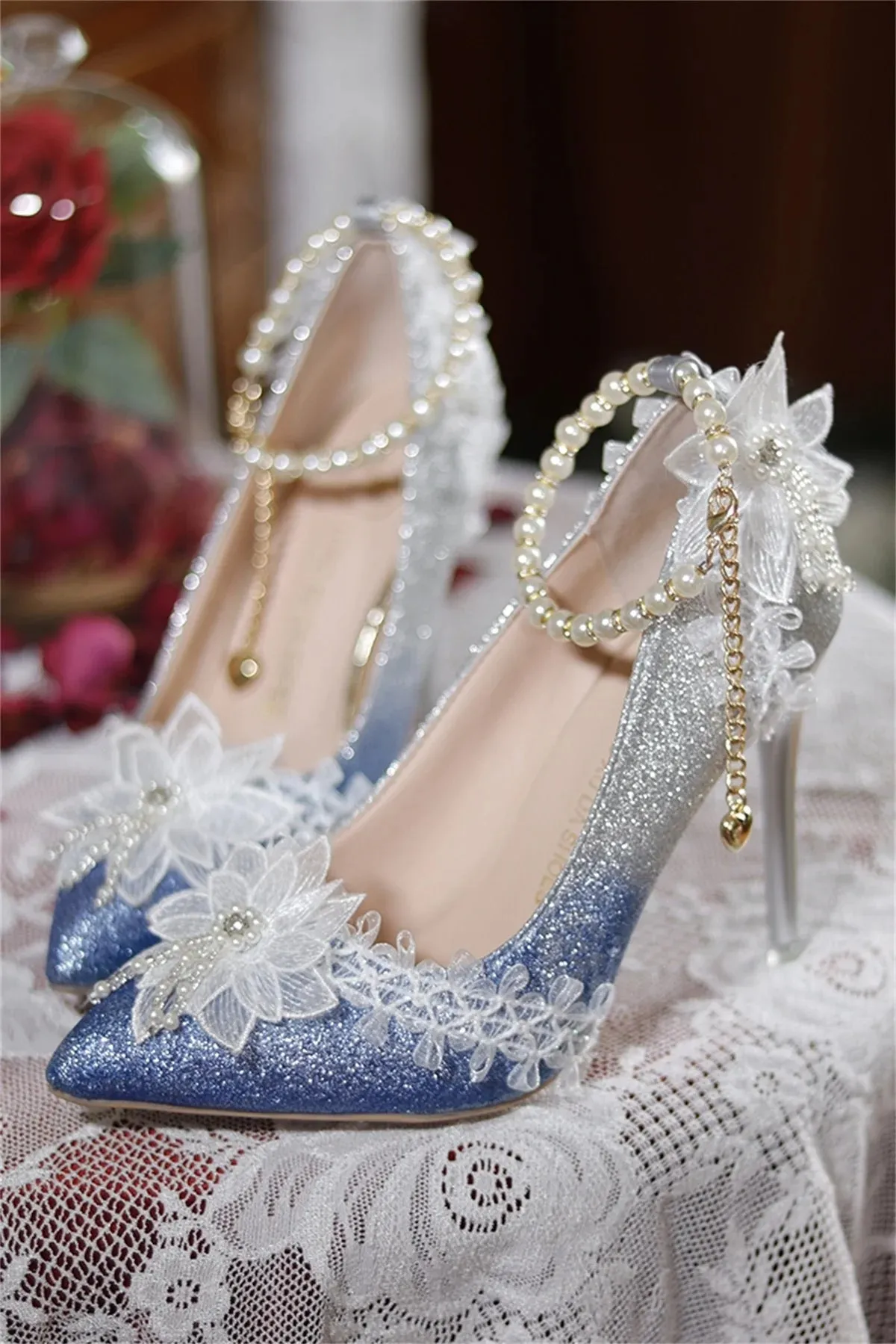 Sohiwoo French Fantastic Sweet Style Lolita Girls Shoes Elegant Noble Lace Pearls Tassels Flower Gentle Pointed Sandals 9cm High Heeled