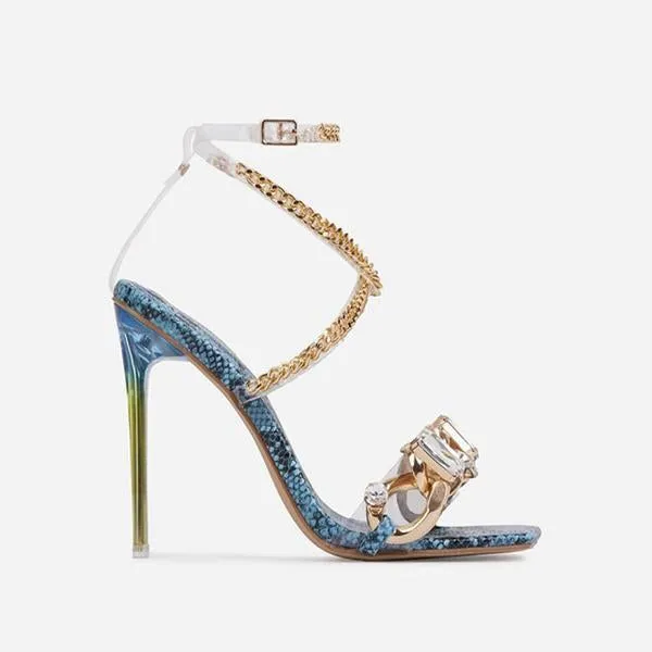 Sohiwoo  Women Noble Gold Chain Large Crystal High Heel Sandals