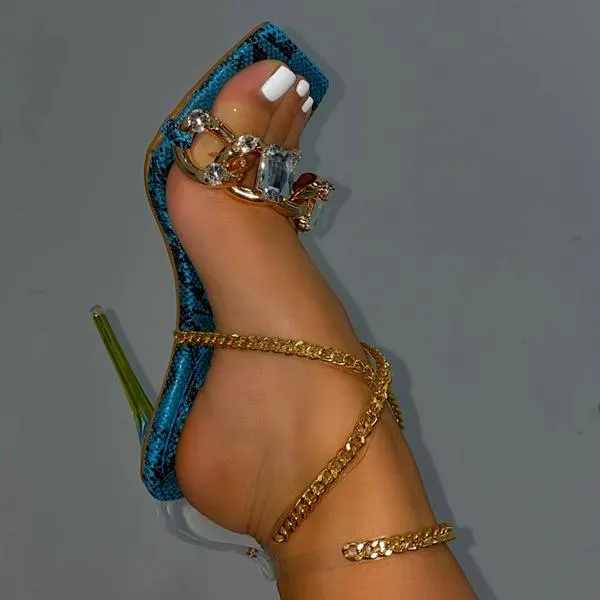 Sohiwoo  Women Noble Gold Chain Large Crystal High Heel Sandals