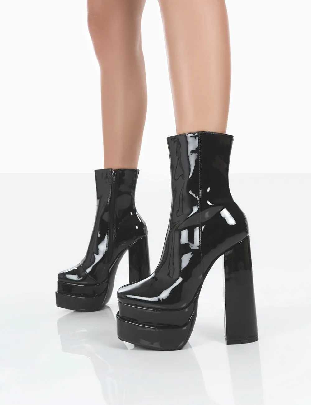 Supine Wide Fit Black Patent Chunky Platform High Heeled Ankle Boots