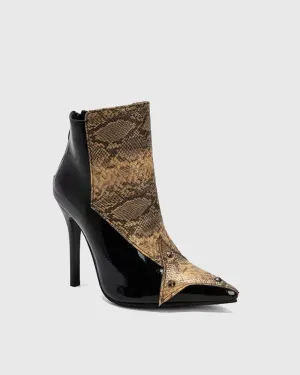 Vanna Snake Print Rivet Splicing Ankle Boots In Black