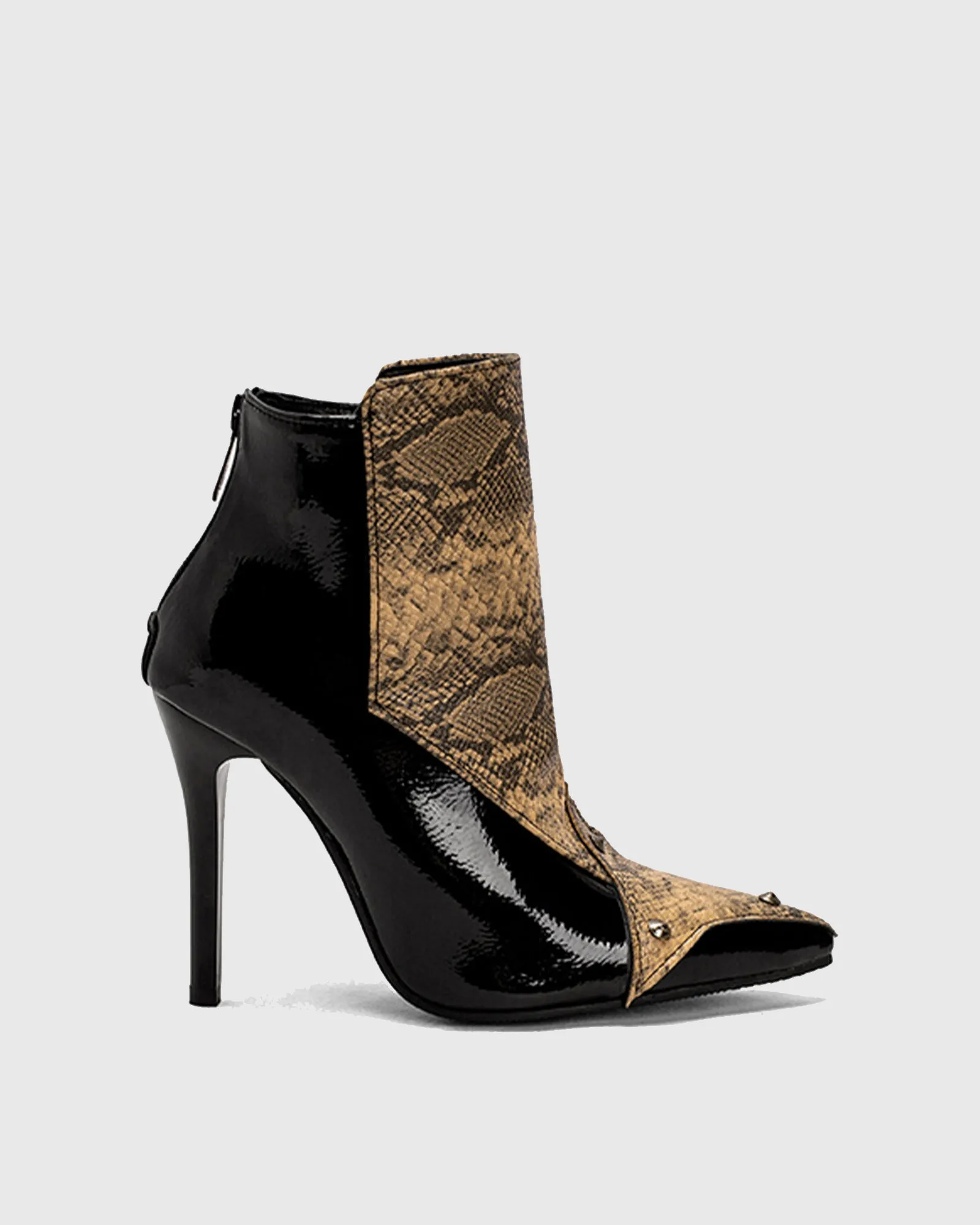 Vanna Snake Print Rivet Splicing Ankle Boots In Black