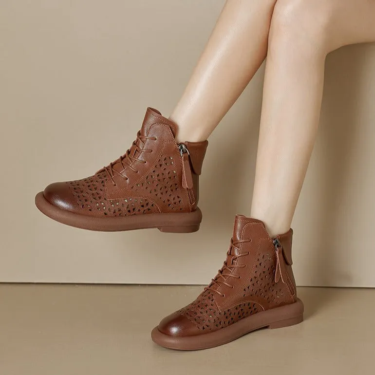 Vintage Leather Hollowed Out Thick Sole Double Side Zipper Casual Short Boots